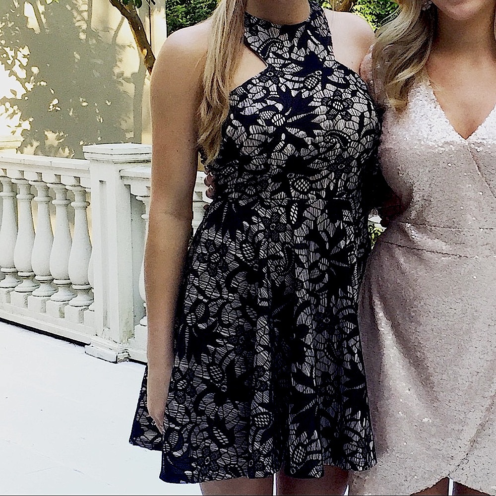 Nude and black lace cocktail dress